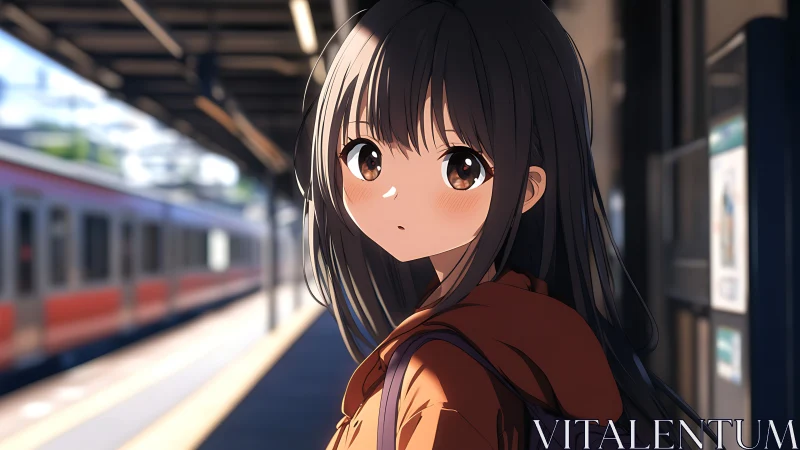 Brown-eyed girl waits on sunlit urban train platform.