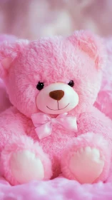 Pink plush teddy bear sits centered against soft backdrop