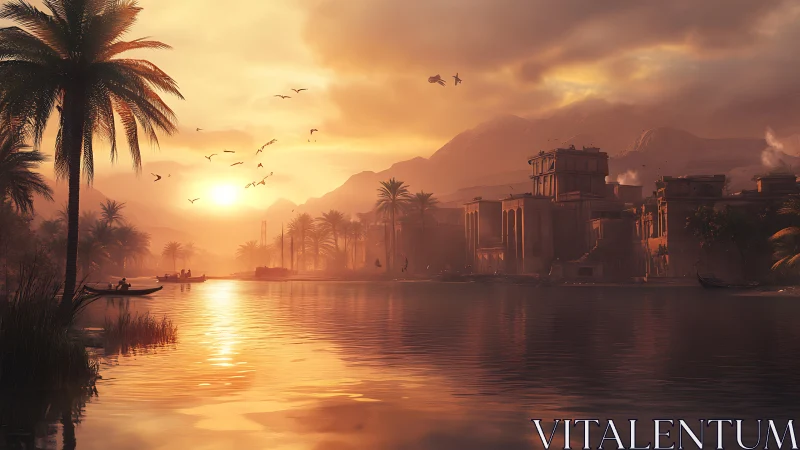 Ancient riverside city glows beneath a dramatic sunset sky.