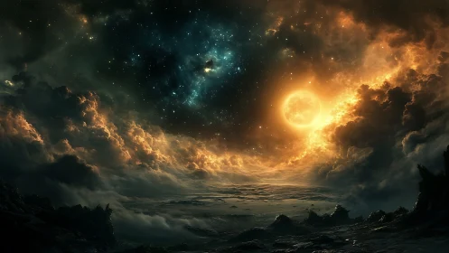 Stellar vortex over alien shoreline renders cosmic atmospheric drama