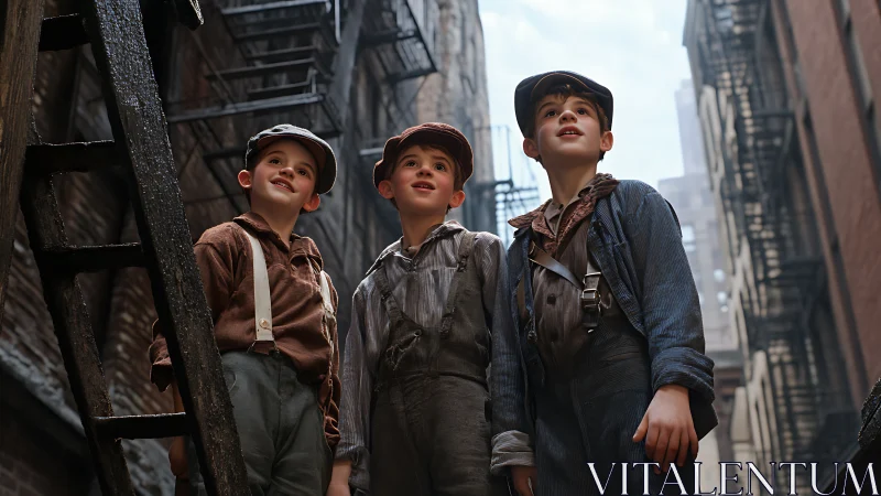 Three Boys in Urban Alley Looking Upward.