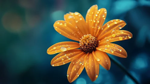 Orange Daisy with Dewdrops Against Turquoise Background.