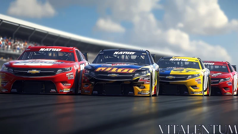 Stock cars on oval track in close formation at speed.