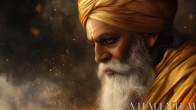 Ember-lit elder in golden turban guarding inner storms.