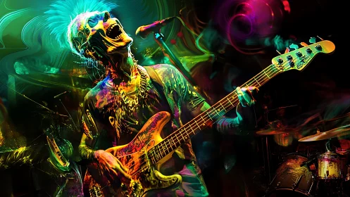 Neon punk bassist screams under swirling psychedelic lights.