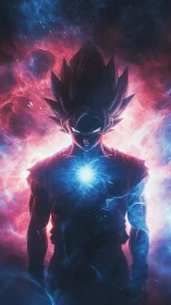 Cosmic anime warrior ignites radiant power in swirling nebula