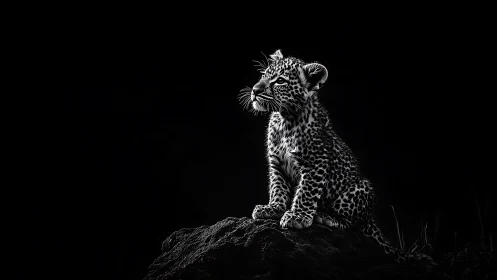 High contrast leopard cub portrait isolates form against void