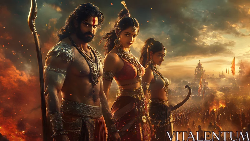 Mythic warrior trio blazing against a stormlit battlefield.