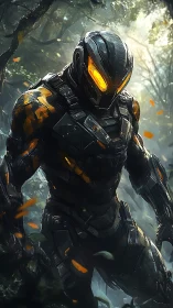 Armored sci fi warrior stalking through dense jungle light.