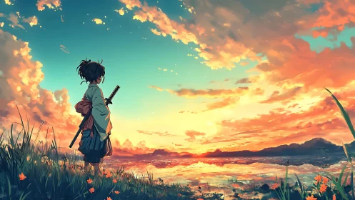 Young wanderer with katana greeting a blazing shore sunset.