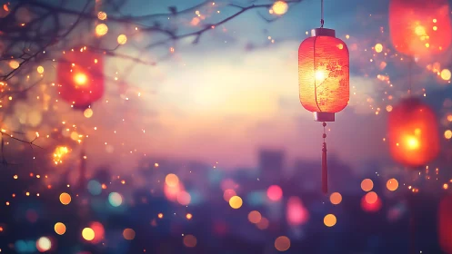 Glowing lantern lights drifting softly over a dreamy city evening.