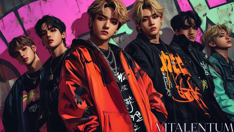 Streetwear boy band pose under neon graffiti wall.