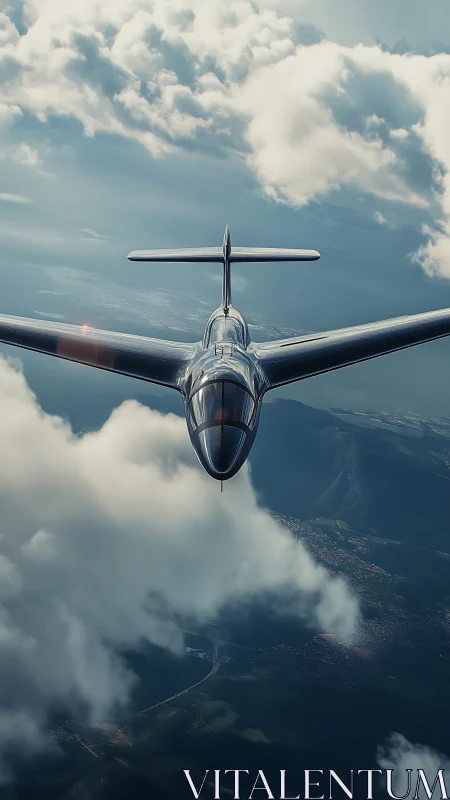 Sleek silver airplane cuts through dramatic cloud banks.