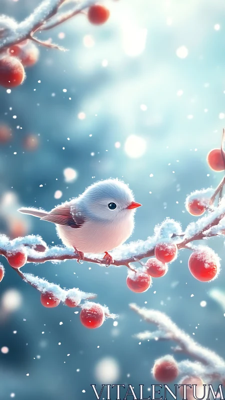 Snowy songbird perches on frosted berries in soft winter glow.