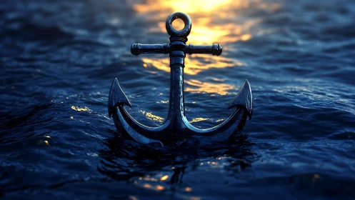 Chromed maritime anchor in specular evening ocean field.