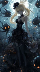 Gothic anime sorceress commands dark spirits in ethereal mist