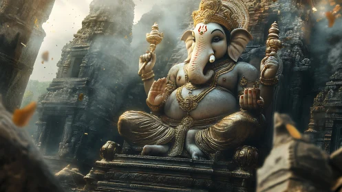 Gentle Ganesha statue rests in golden light amid ancient stone