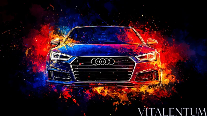 Colorful front view of a sports sedan in neon paint splash