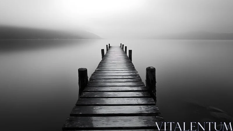 Lonely wooden pier stretches into calm misty lake horizon.
