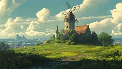 Windmill farmhouse on bright rural hillside landscape.