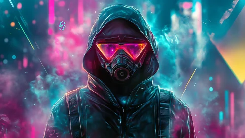 Neon hooded sentinel under glitchy cyberpunk skylines.