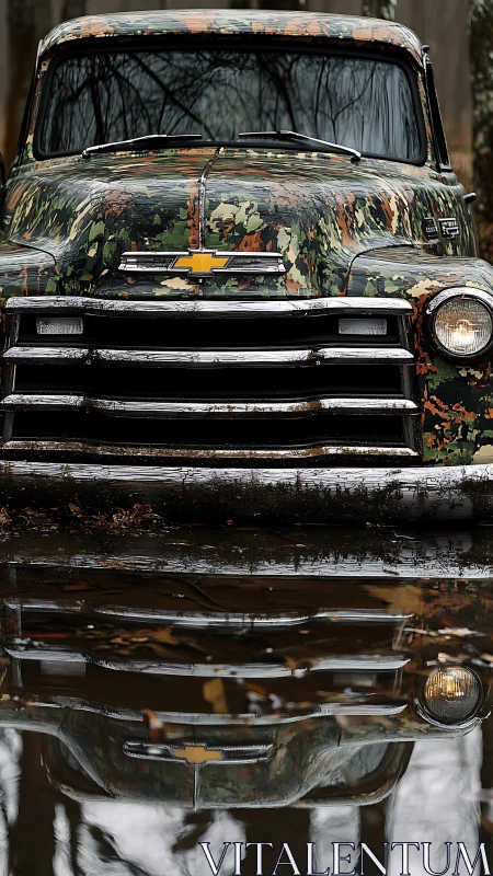 Camo-painted vintage truck broods over a silent woodland pool