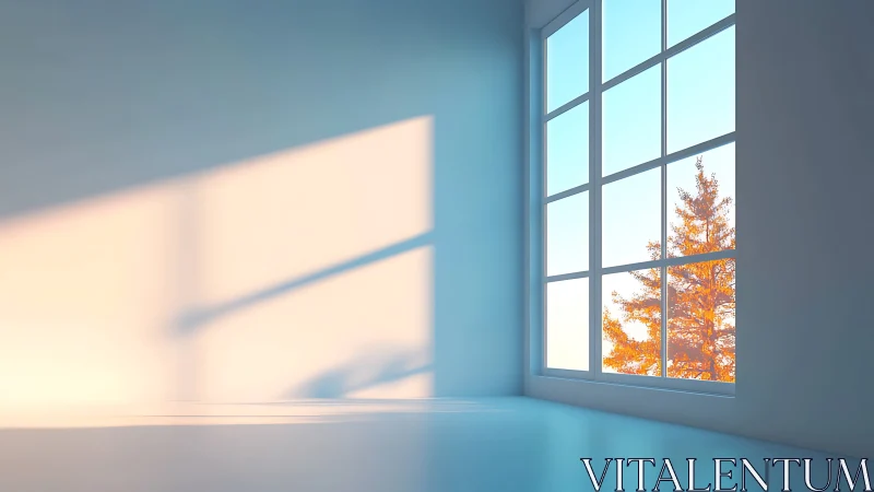 Sunlit minimalist room with autumn tree framed outside window.