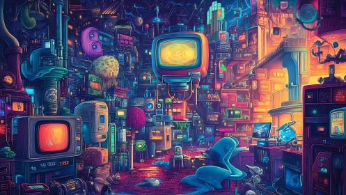 Retro-futuristic neon city of stacked CRT consoles and devices