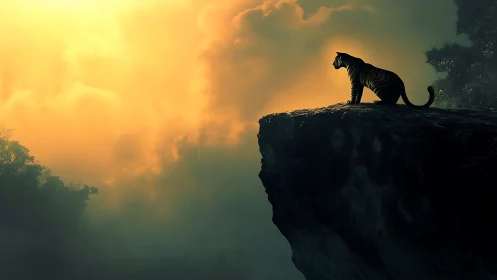 Tiger Silhouette on Rocky Cliff at Sunrise.