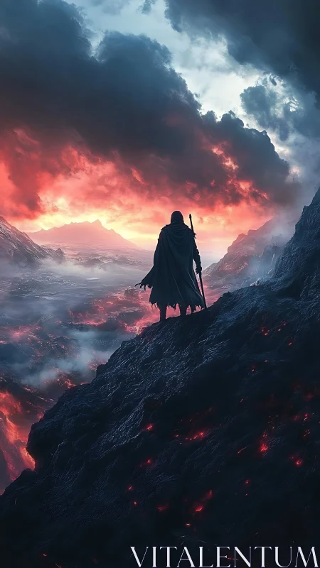 Cloaked wanderer surveying lava basin beneath apocalyptic sky.