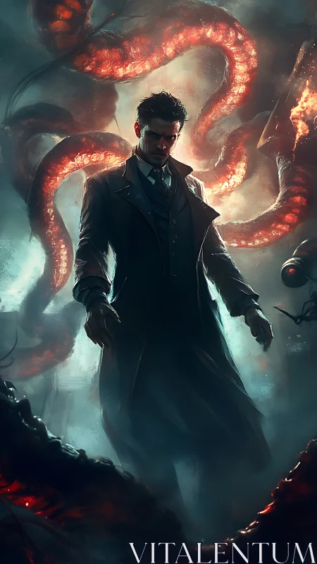 Solitary male figure stands amid luminescent tentacular forms