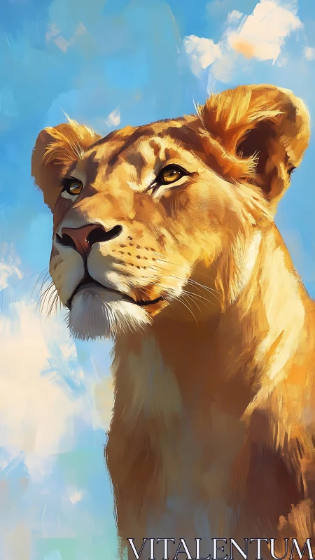 Lioness portrait captures golden light against vivid sky