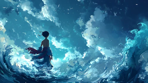 Solitary figure amid stylized ocean waves and clouds.