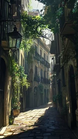 Sunlit old town alley breathes calm through hanging greenery