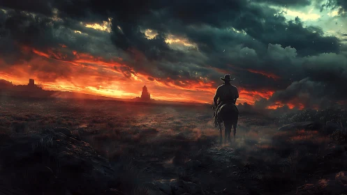 Lone rider crosses burning horizon under storm-laden sky