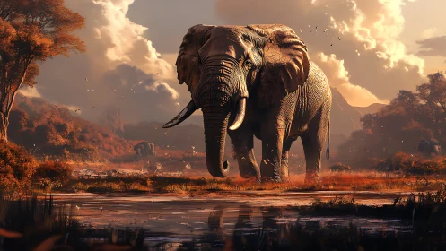 Gentle giant crossing a sunlit autumn savanna pond.