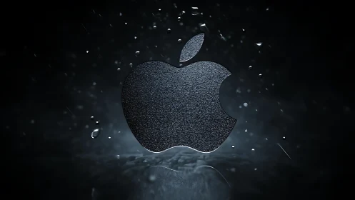 Grit-textured apple emblem floating in stormy digital mist.