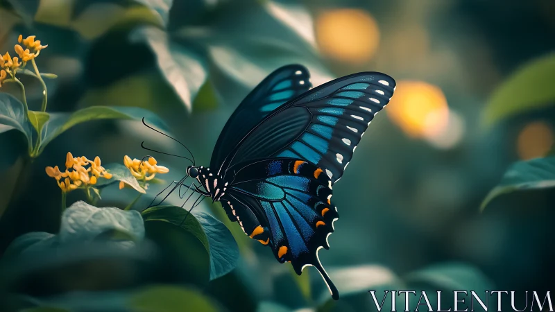 Iridescent blue butterfly on foliage in golden bokeh light.