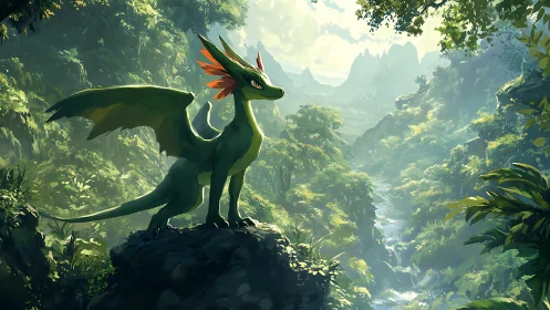 Forest-scout dragon atop emerald valley sunrise lookout.