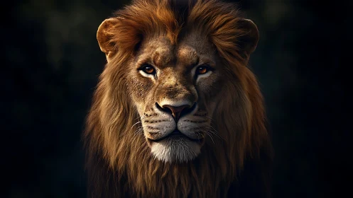 Frontally lit lion portrait with chiaroscuro mane detailing.
