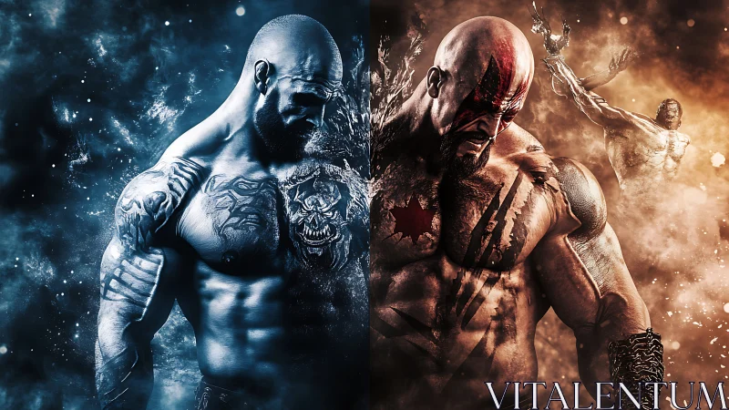 Dual elemental warriors in split-toned cosmic clash portrait.