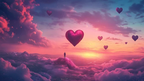 Luminous Digital Sky with Floating Heart Forms Against Gradient Sunset