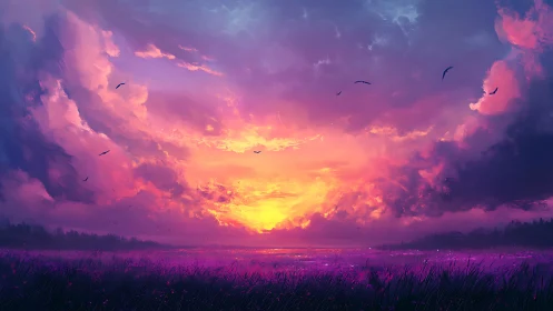 Violet meadow landscape under vivid orange and pink sunset sky.