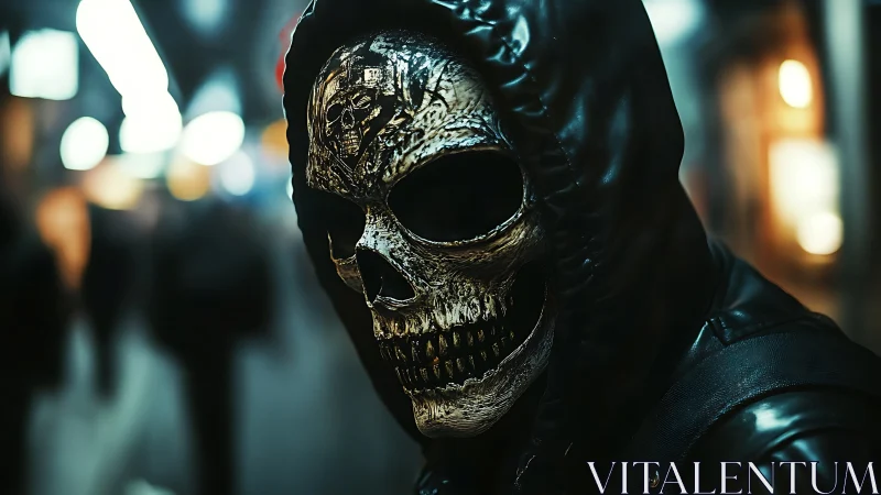 Hooded skull mask figure in dim urban night setting.