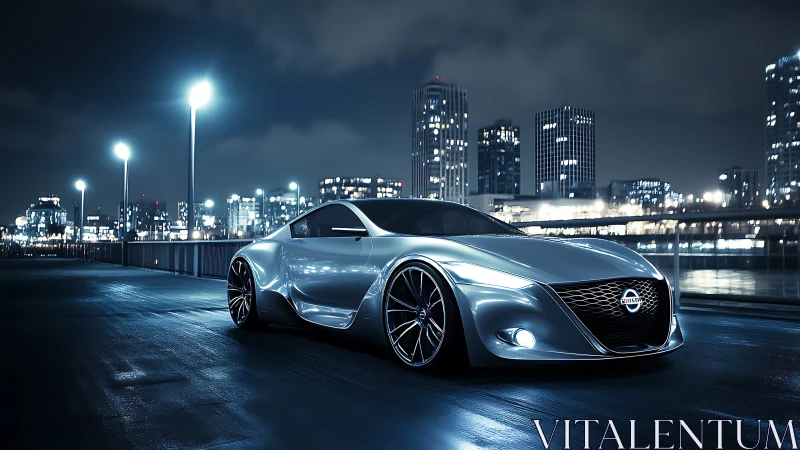 Futuristic Nissan concept car glides through a neon cityscape at night.