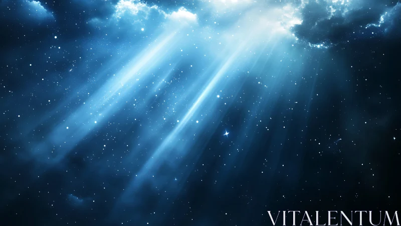 Blue volumetric light rays extend through dense star field