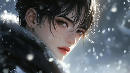 Soft-lit snow portrait shows hyper-detailed anime face rendering