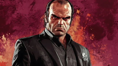 Comic portrait of stern suited man on explosive backdrop.