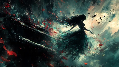 Midnight waltz with drifting petals and stormborn piano.