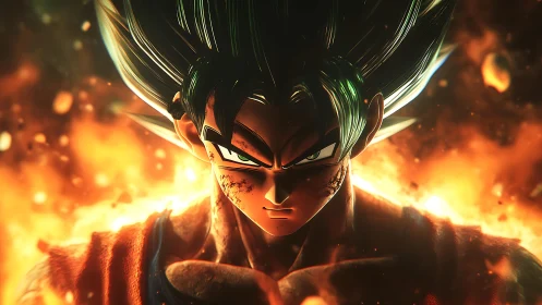 Fierce anime warrior ignites within a storm of molten starlight.